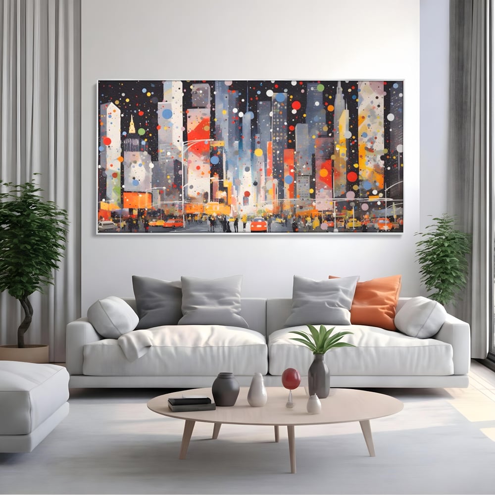 Tablou canvas cu pictura abstracta cu peisaj urban nocturn, in rama de aluminiu argintiu, pe perete intr-un living